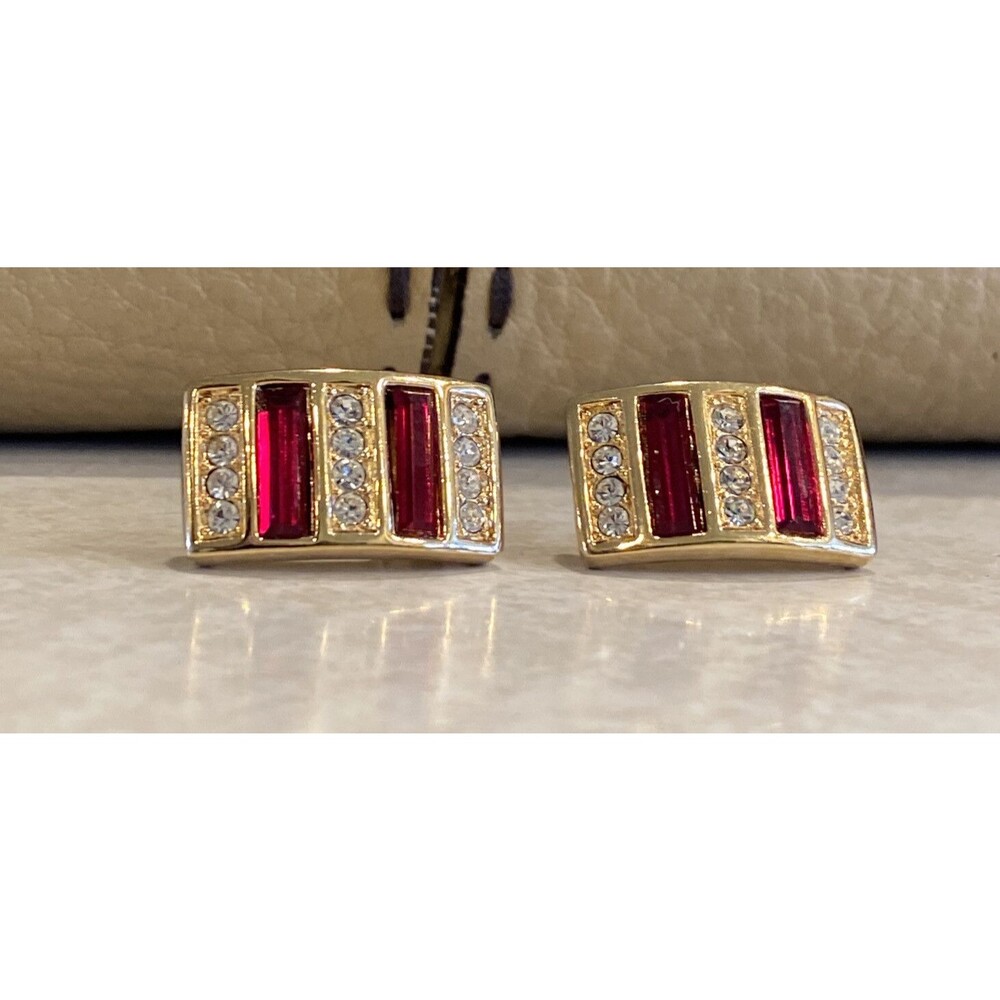 Vintage Swarovski Earrings SAL Signed Gold Tone Ruby Red Clear Crystal Post